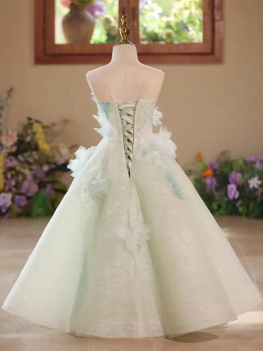 Dreamy Vow D009 Ragazza di fiore verde salvia Elegante principessa Fiori in rilievo Festa lunga Matrimonio Compleanno Spettacolo Serata Abiti per bambini