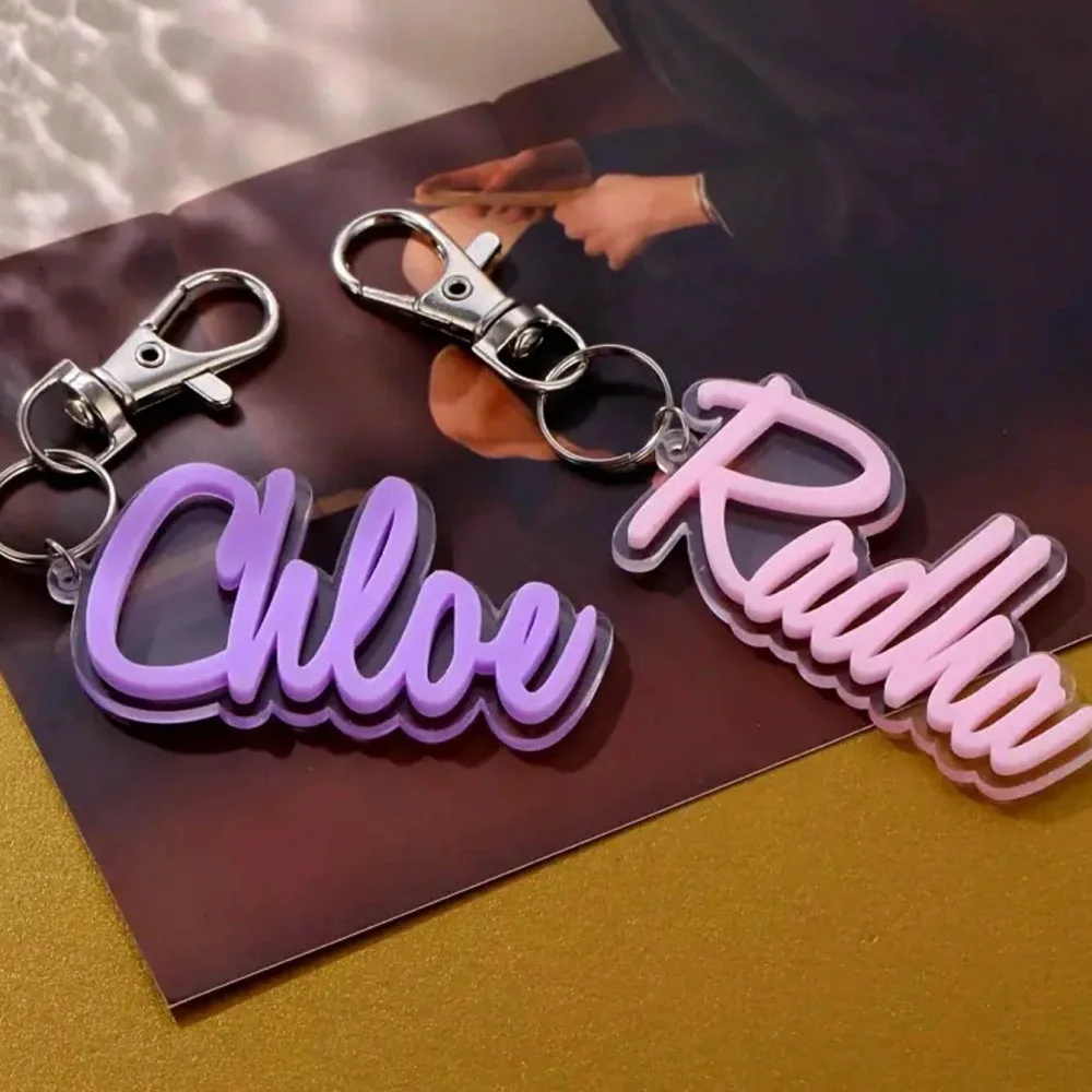

2026 Trend Acrylic 3D Name Customized Keychain Fluorescent Color Transparent Label Nameplate Personalized Backpack Keyring