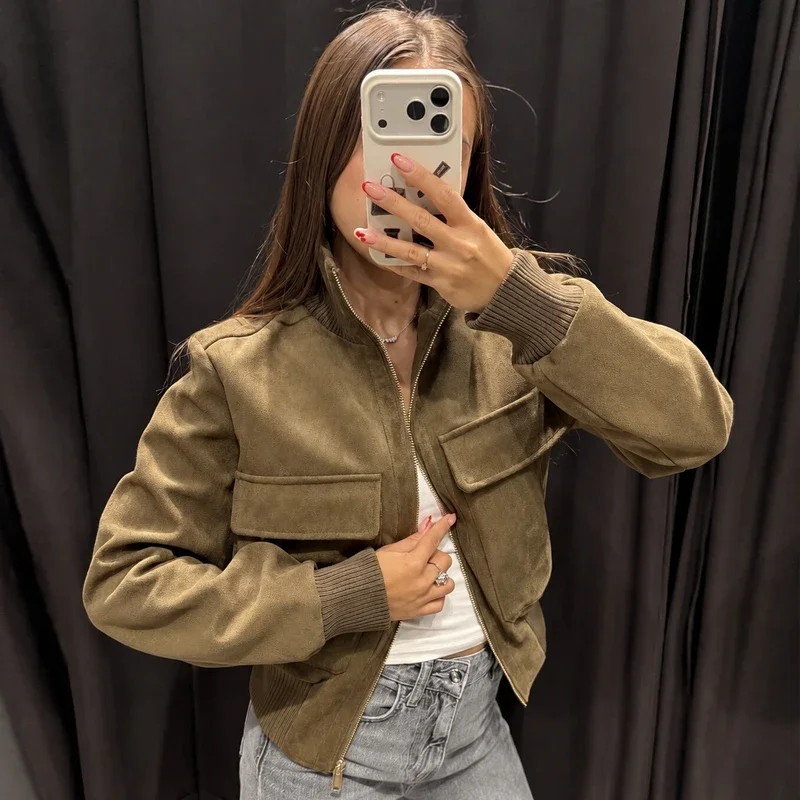 HXAO Faux Women's Suede Jacket Autumn Long Sleeve Cropped Bomber Jacket Streetwear Zip Up Outerwear Flap Pockets Flight Jackets