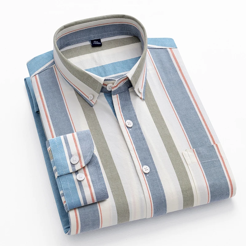 

Мужская повседневная рубашка в полоску и клетку из 100% хлопка Оксфорд, с длинным рукавом, для повседневной носки