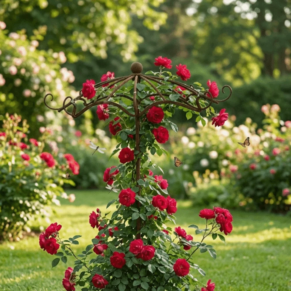 Retro Rusted Umbrella Shape Plant Support Pile Weather-Resistant Detachable Bonsai Fixing Rod Iron Prevent Tipping Over