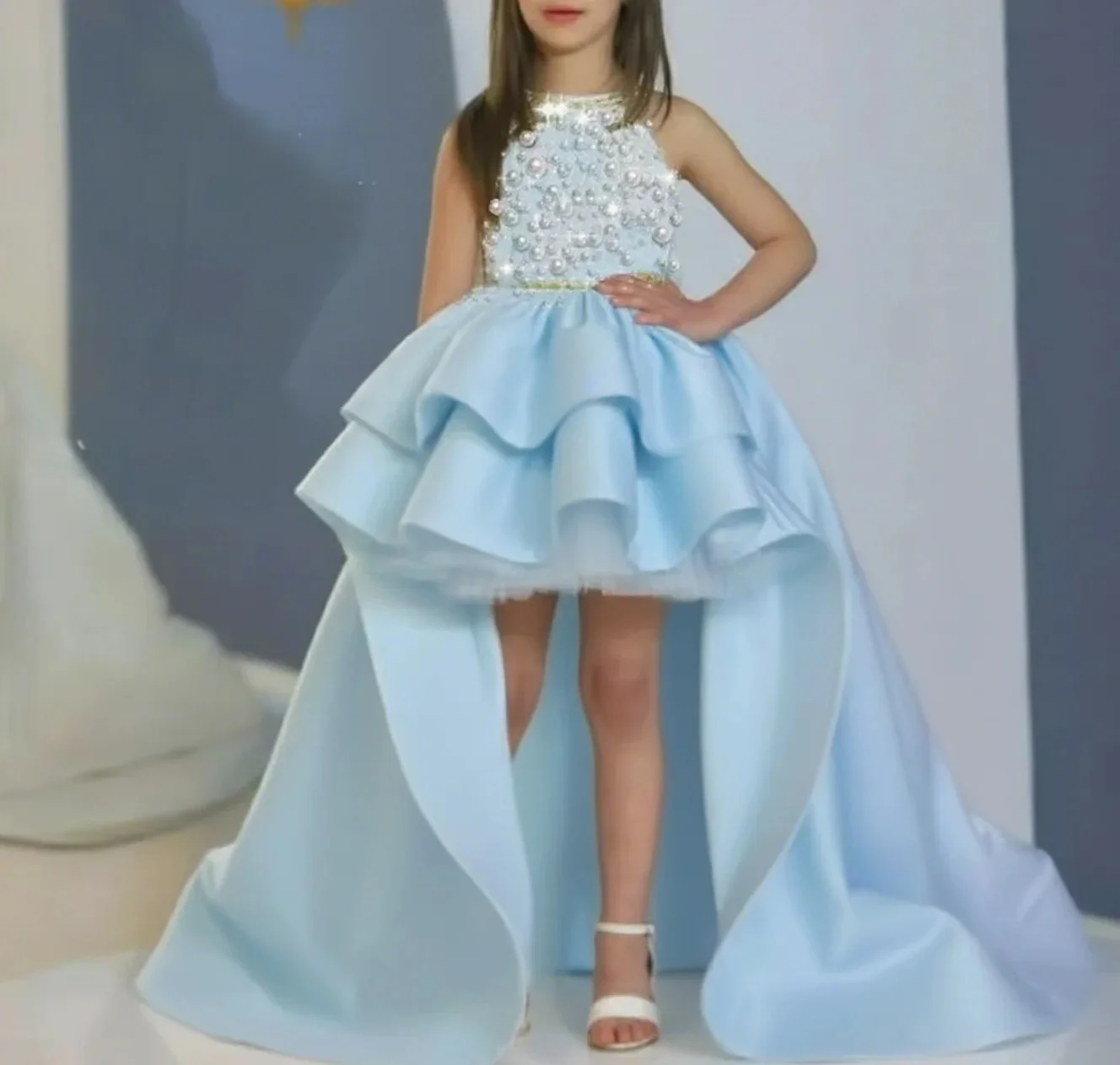 Custom White Pearl Ruffled High Low Flower Girl Dress First Christmas Dress Wedding Party Gown for Girls فساتين اطفال