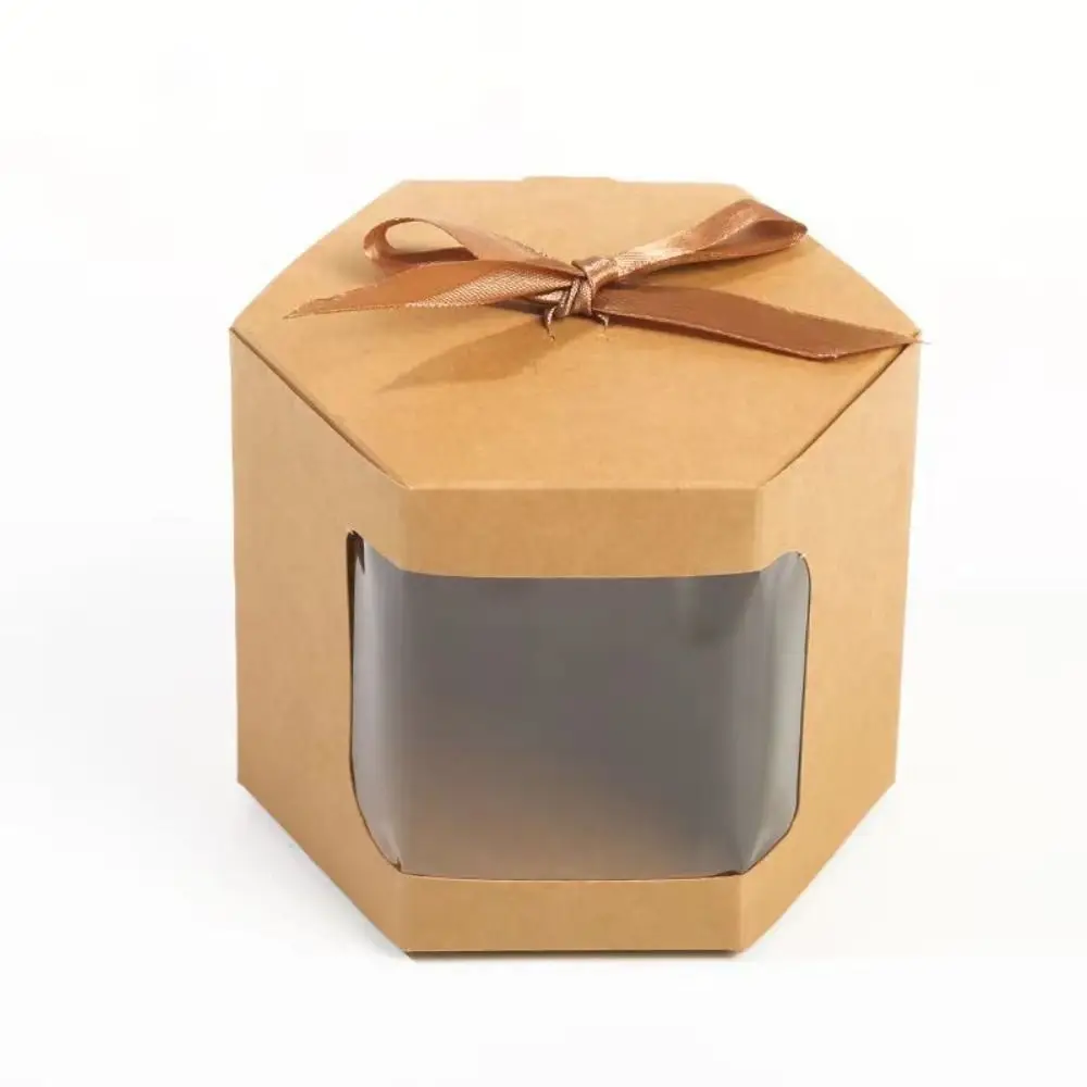 Hexagon Kraft Paper Ribbon Candy Box Transparent Window Gift Boxes Candy Pastry Cake Box Package Paper Bags