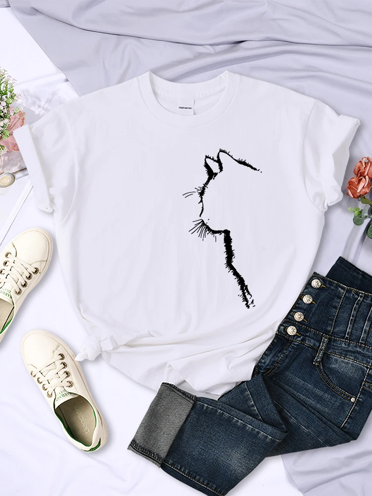 Simple Strokes Of Cat Funny Printed Women T-Shirt Fashion Casual Short Sleeve O-Neck Personality Street Tee Clothing Summer Tops