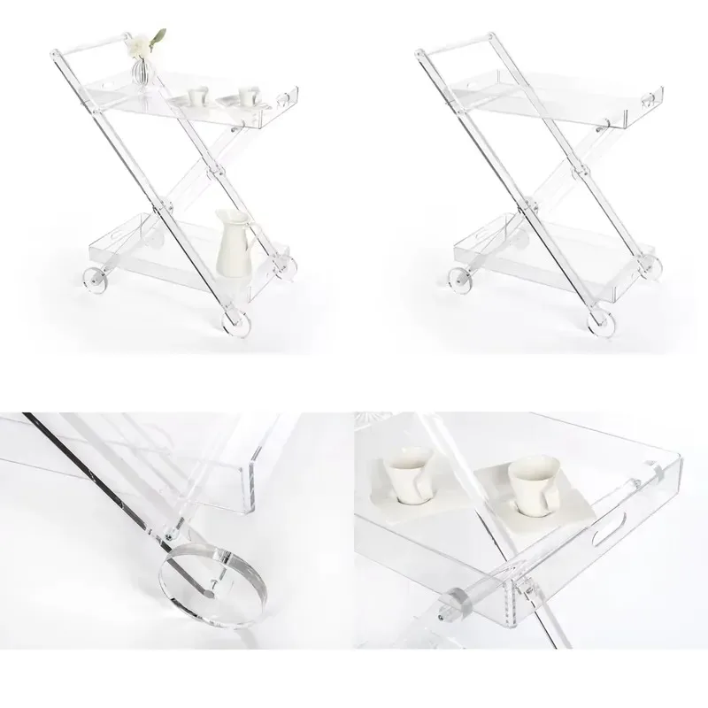 Modern Transparent Rolling Food Trailer Mobile Folding Acrylic Service Trolley for Family Hotel Bar
