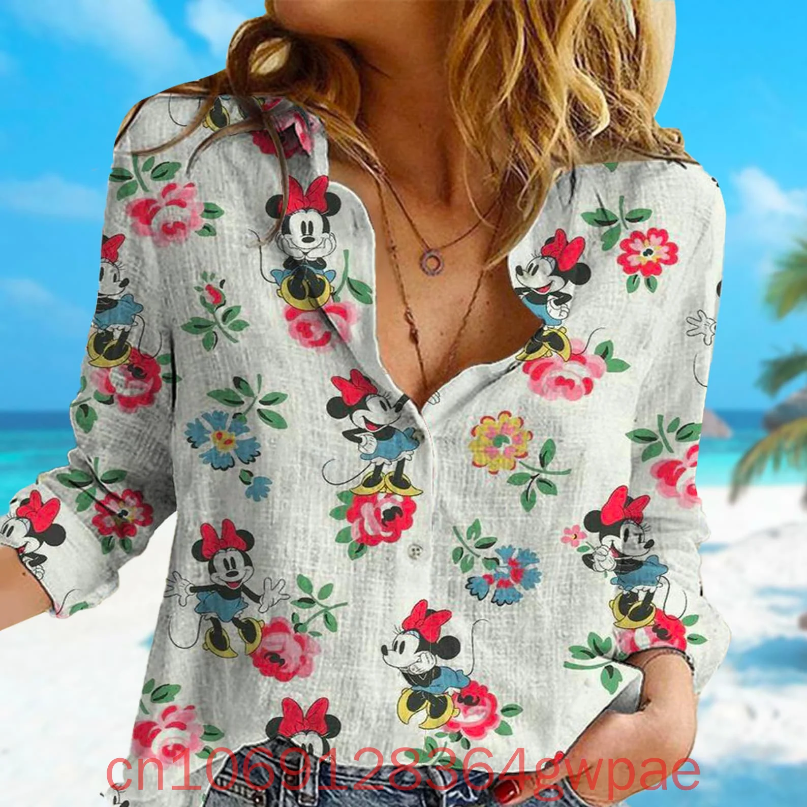 Urocza koszula damska Minnie Mouse Casual Button Up Long Sleeve Shirt Tops Disney Summer Vacation Women Fashion 3d Hawaiian Shirts