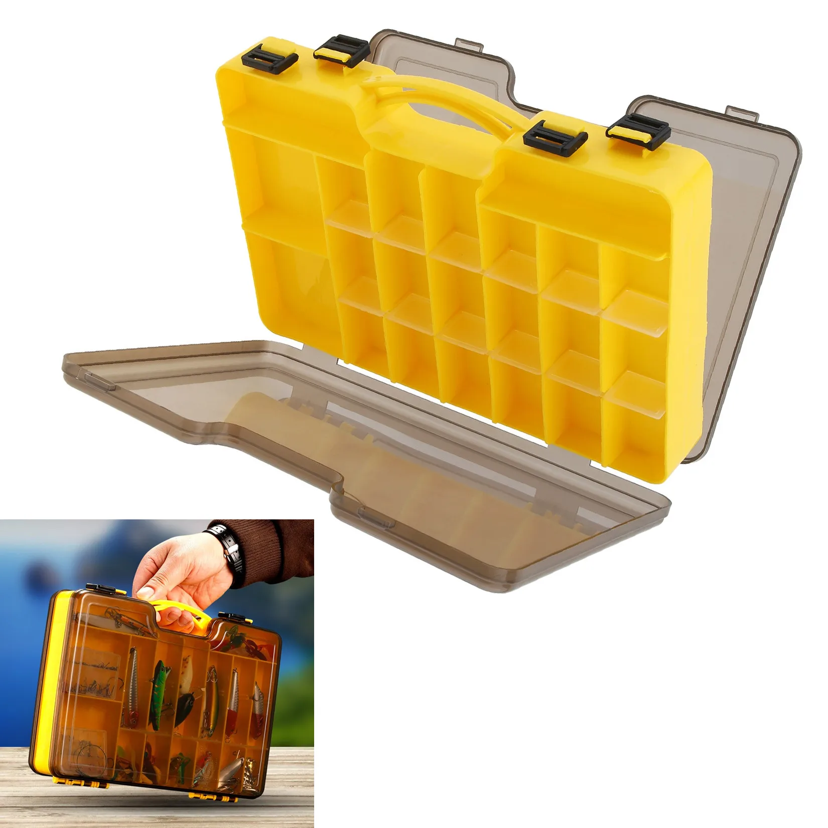 

PP Material Portable Double Sided 44 Compartments Yellow Plastic Fishing Tackle Storage Box Large Translucent Hard Case