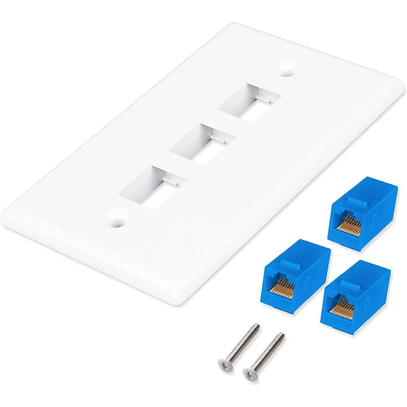 Top-1Pack 3-portowa płytka ścienna Ethernet, płytka ścienna RJ45 z wkładką RJ45 Keystone Inline Coupler, płytka ścienna Cat6 Keystone Jack