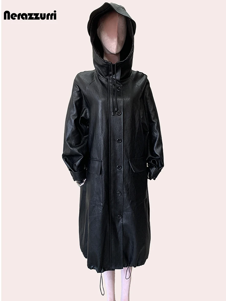 Nerazzurri Autumn Long Oversized Waterproof Black Hard Pu Leather Coat for Women with Hood Zip Up Loose Korean Emo Clothes 2024