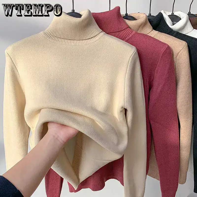 WTEMPO inverno autunno pile lavorato a maglia maglioni foderati in pile maglione a collo alto a maniche lunghe da donna morbido Pullover allentato