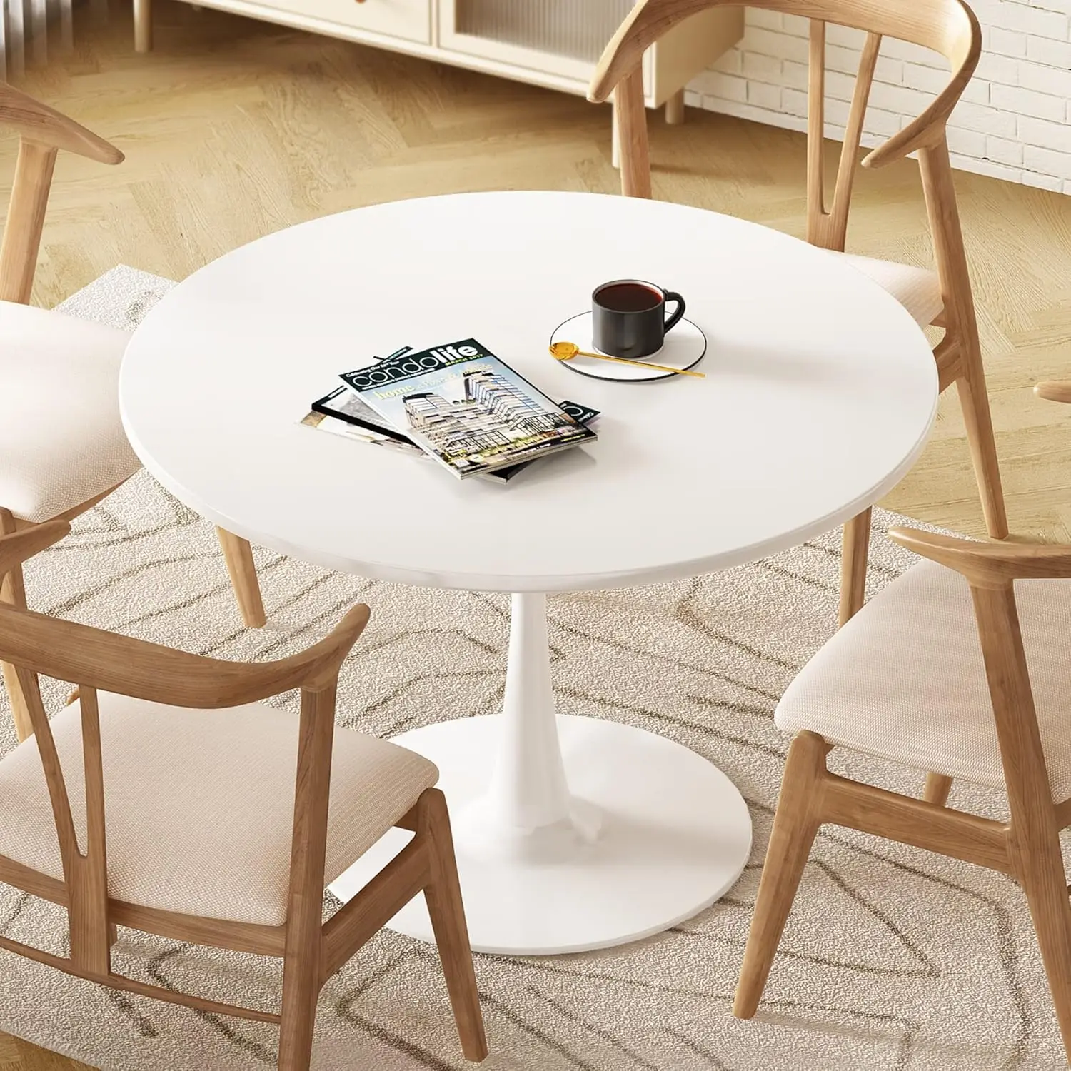 White Round Dining Table, 31.5" Tulip Table Kitchen Dining Table 2-4 People with MDF Table Top & Pedestal Base, Mid-Century End