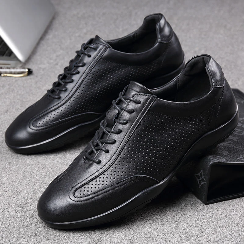 Genuine Leather Shoes Men Casual Luxury Sneaker Hollow Out Hole Summer Breathable Lightweight Flat Bean Shoe Elegant Driving