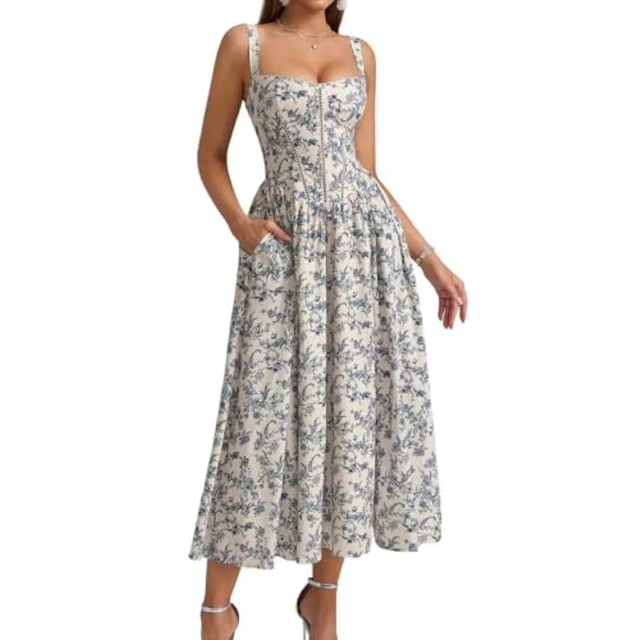

KUTUMAI Floral Corset Midi Dress Flowy Slit Summer Spring Wedding Guest Dresses for Women Sundress with Pockets