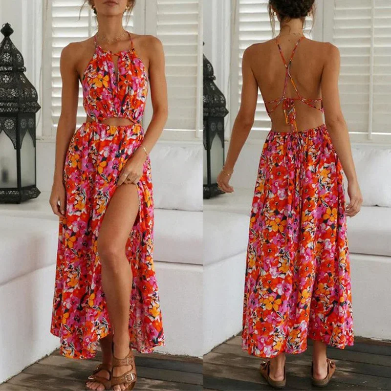 Libeliy moda cintura alta plissado vestido de festa elegante floral impressão oco para fora vestidos longos feminino sexy halter sem mangas bohe