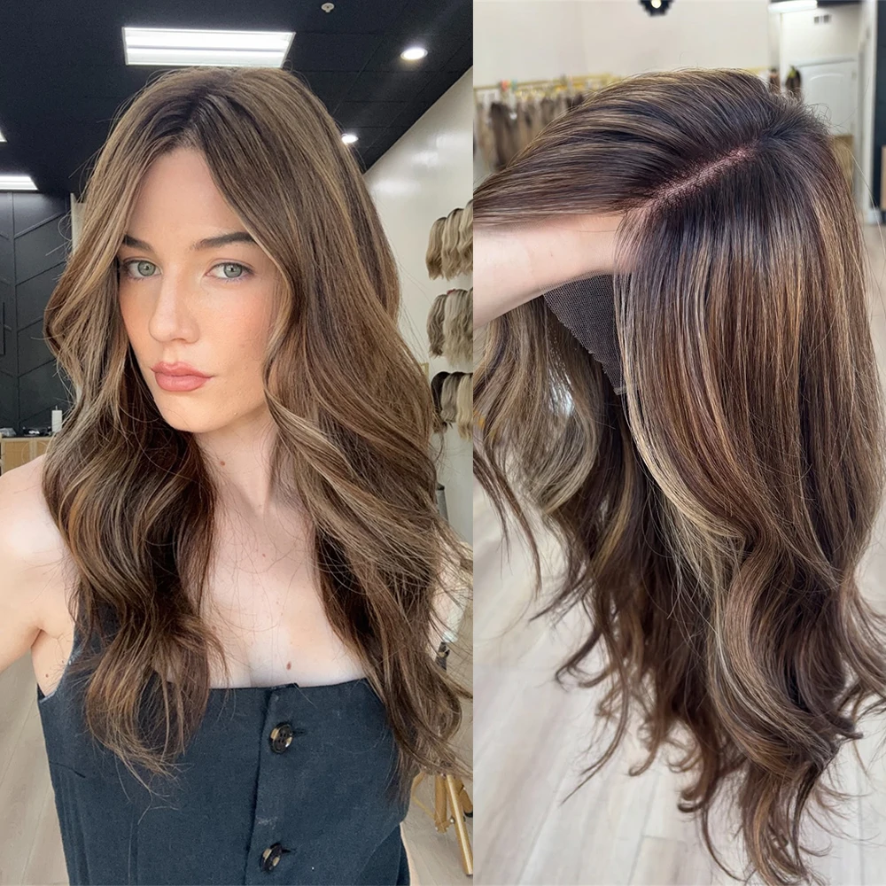 

Изготовленный на заказ парик фронта шнурка Брюнетка Коричневый Размер Медовый Балаяж Волнистый парик Синтетические волосыHD Парик шнурка Средняя часть 13x4