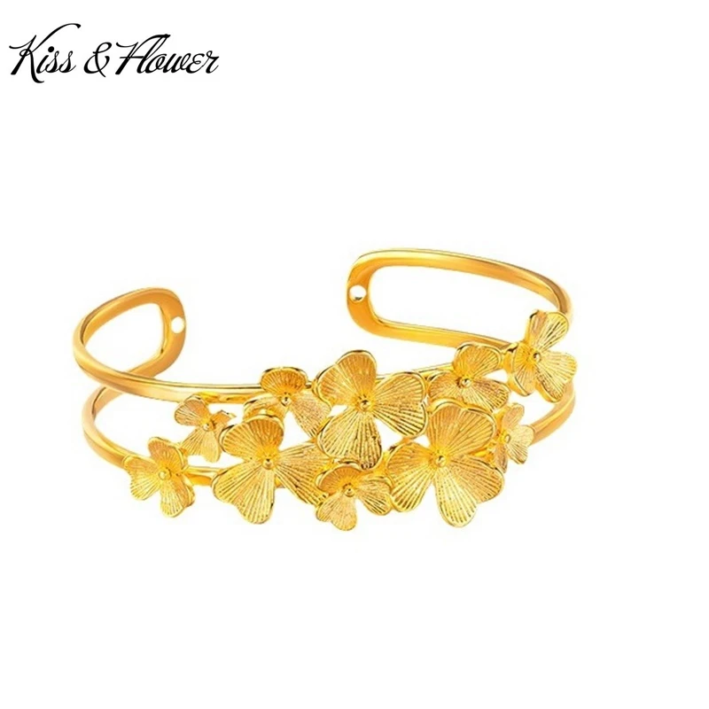 

KISS&FLOWER Gold Flower Bracelets Bangles For Women Wedding Party Birthday Christmas Bride Mother Girlfriend Ladies Gift BR350