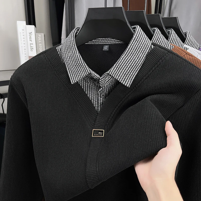 Высококачественный мужской трикотаж с длинными рукавами, ложный двухсекционный пуловер с лацканами на одной пуговице в корейском стиле, зимняя качественная мужская одежда для отдыха