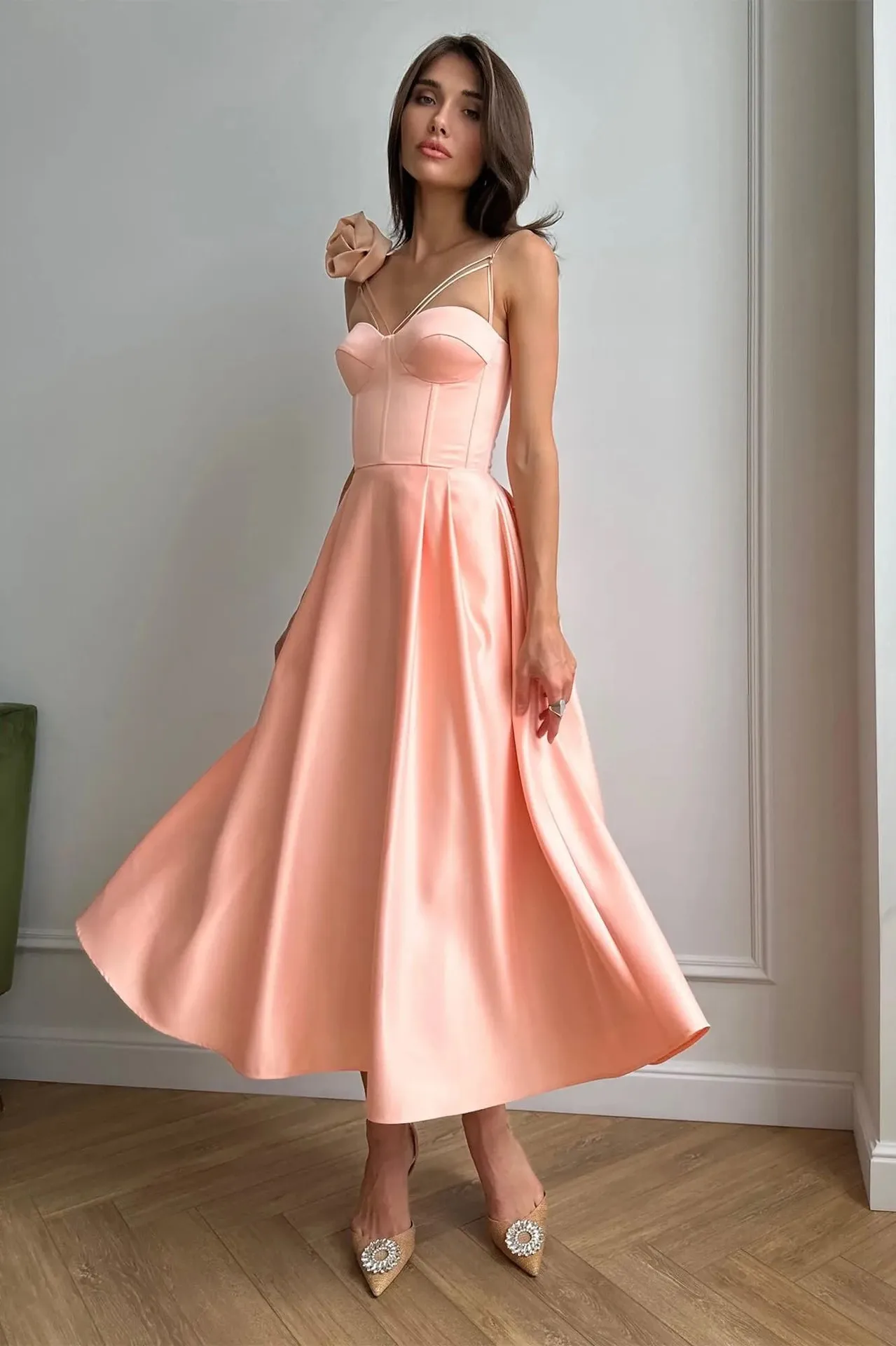 Robe de Bal Mi-Longue Plissée à Bretelles Spaghetti pour Femme, Tenue Élégante à Fleurs 3D, pour Invités, Mariage, 2024