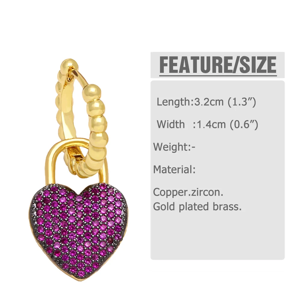 FLOLA Gold Plated Beads Hoop Heart Earrings for Women CZ Green Heart Dangle Earrings Lover Jewelry Valentine Gifts ersa322