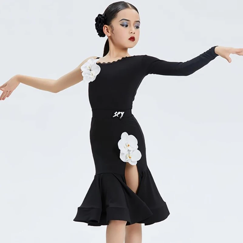 

Kids Girls Flower Latin Dance Dress Bodysuit Large Skirt Hem Ballroom Rumba Dancewear Training Chacha Performance Costumes