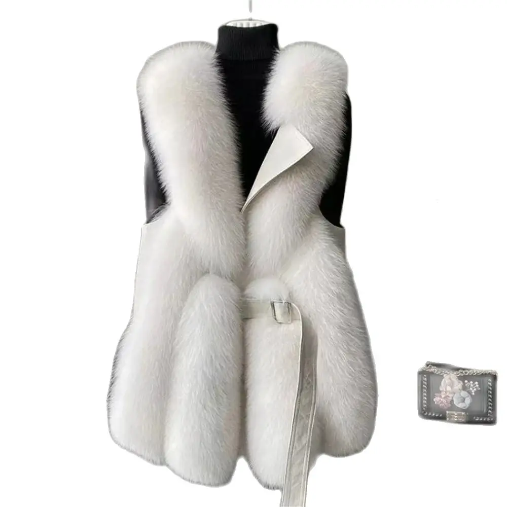 Women's Faux Fox Fur Waistcoat Slim Jacket Chic Sleeveless Vests with Belt New Fashion Vest 2024