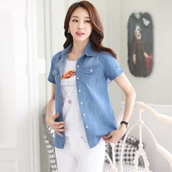 Blouse Women Shirt Denim Short Sleeve Spring Summer Clothing Korean Style Denim Shirt Coat Blusas Mujer De Moda