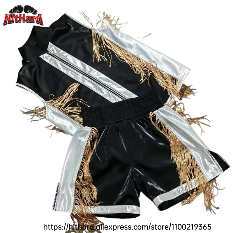 Boxing Entrance Robe and Shorts Set Golden Fringe Walkout Jacket Professional Uniform for Kickboxing Muay Thai MMA Competition