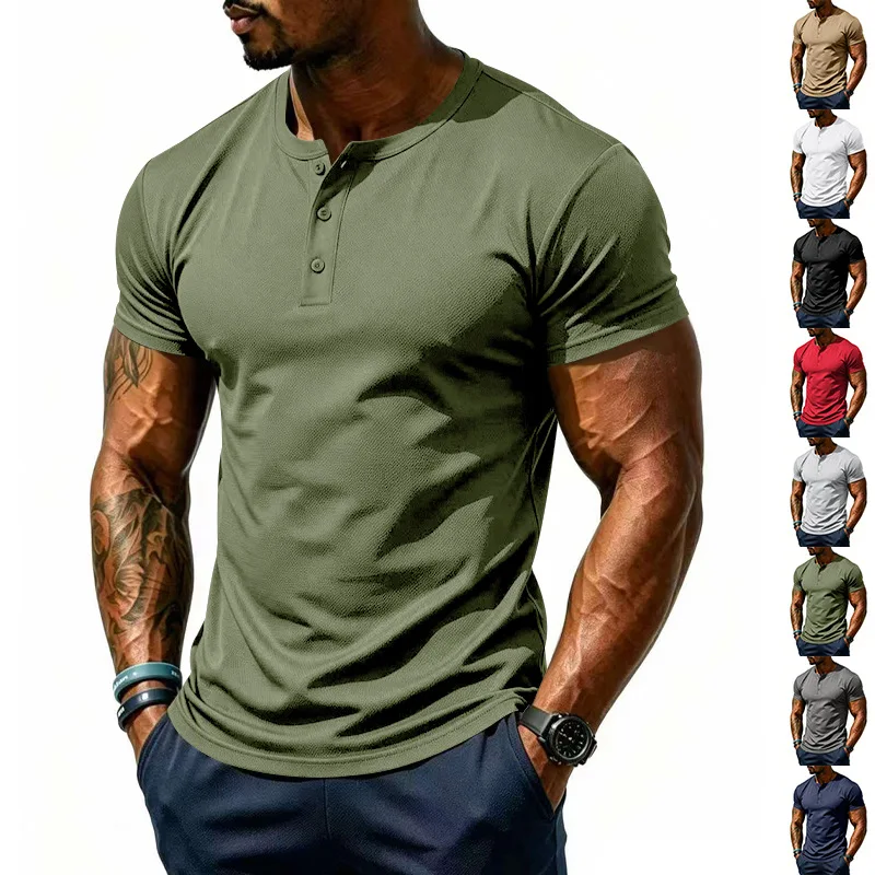 Sommer Neuer Stil Herren Einfarbiges Fitness Casual Mesh Henley-Ausschnitt Kurzarm-T-Shirt Locker Schnelltrocknend für Training und Laufen