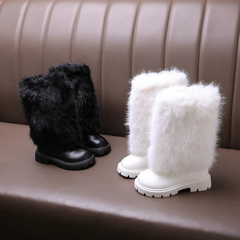 

Теплые длинные плюшевые сапоги до колена на молнии сзади для девочек 2025, зимние удобные нескользящие ботинки на толстой подошве, модные детские сапоги из искусственного меха