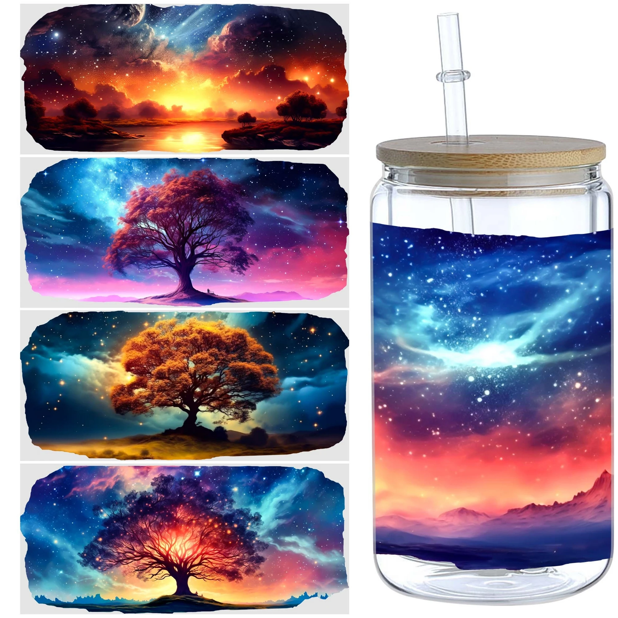 5 sheet supernatural starry sky UV DTF glass cup transfer stickers,  wipeable transfer stickers, suitable for 16 oz glass