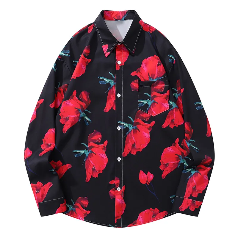 Men's Shirt Black White Red Rose Print Blouse Handsome Style Trendy Tops Hong Kong Style Retro Coat Valentine's Day Clothes