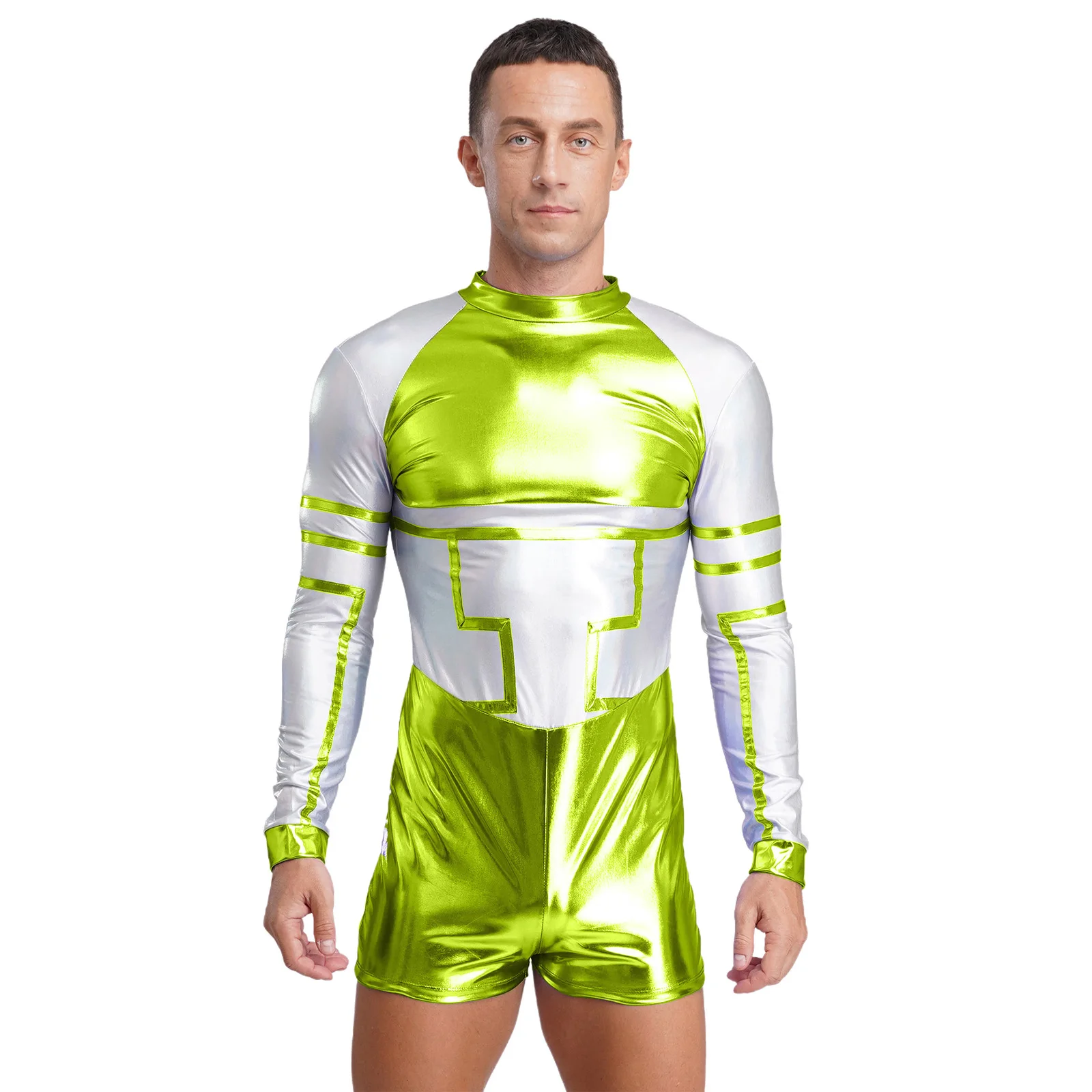 

Men Halloween Alien Robot Cosplay Jumpsuit Metallic Shiny Long Sleeve Bodysuit for Astronaut Space Themed Party Performance Suit