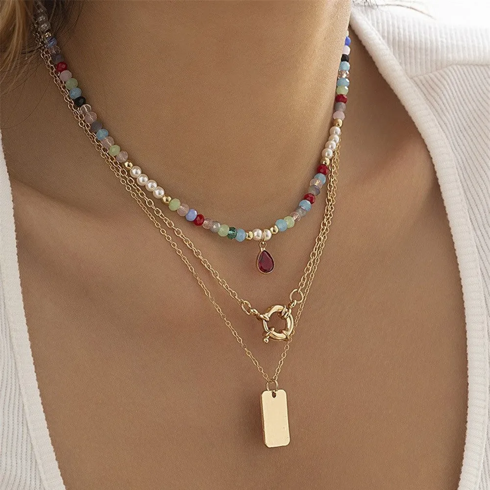 

Boho Vintage Color Bead Crystal Water Drop Sailor Buckle Square Pendant Necklace For Women Female Fashion Y2K Multilevel Jewelry