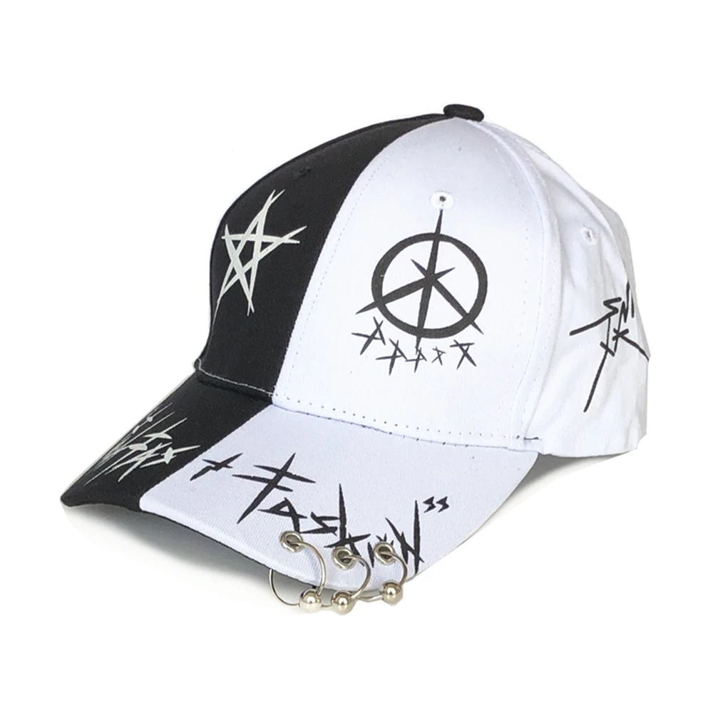 New Black and White Graffiti Baseball Cap Color-Blocking Personality Men and Women Iron Ring Tide Hip-Hop Peaked Hat