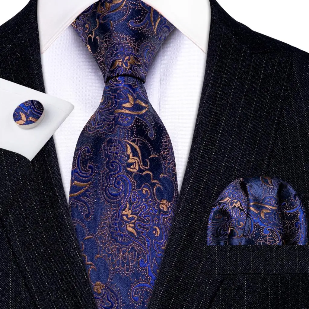 Barry. wang blaue Seide Herren Krawatte Taschentuch Manschetten knöpfe Set Marine Royal Sky Pfau See blaue Krawatte für männliche Hochzeit Business Party Event – Detail 7