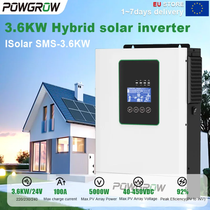 POWGROW 6,5KW Hybride Off-Grid Omvormer 48V MPPT 60-450VDC 9000W PV 120A Lader 12KW Piekstroom 10ms Schakelaar 94% Efficiëntie Werkzaam zonder batterij Thuisgebruik