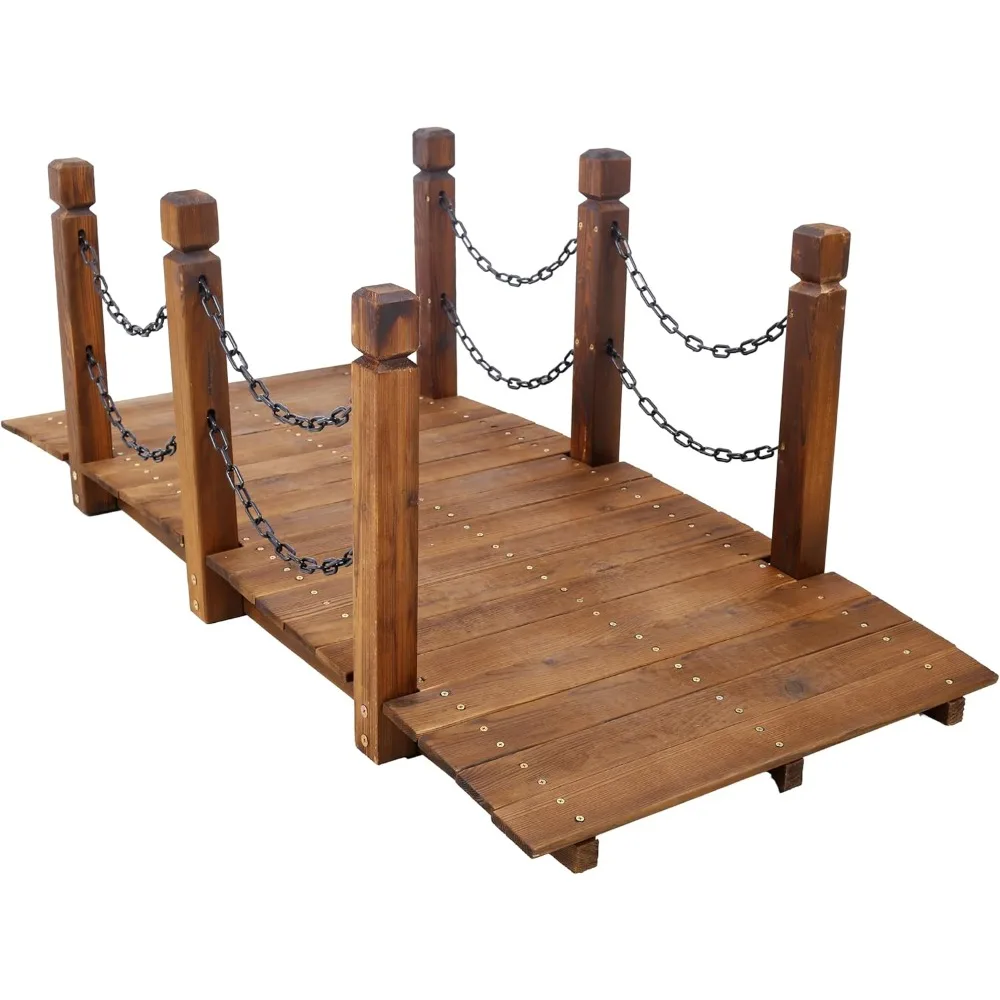 

Elegant Stained 5 FT Wooden Garden Bridge with Chain Railings - Creek, Pond, and Farm Decor, Easy to Assemble