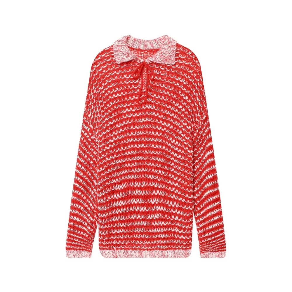 النمط الأوروبي والأمريكي 2025 الخريف منتج جديد المرأة تنوعا المخلوطة قميص بولو طوق محبوك سترة