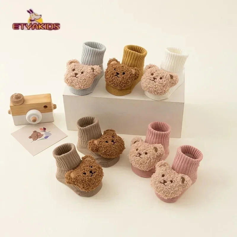 1pari Winter Autumn Bear Cartoon Baby Floor Sock Indoor Non-slip Doll Bear Cute for Toddler First Walker Middle Tube Socks