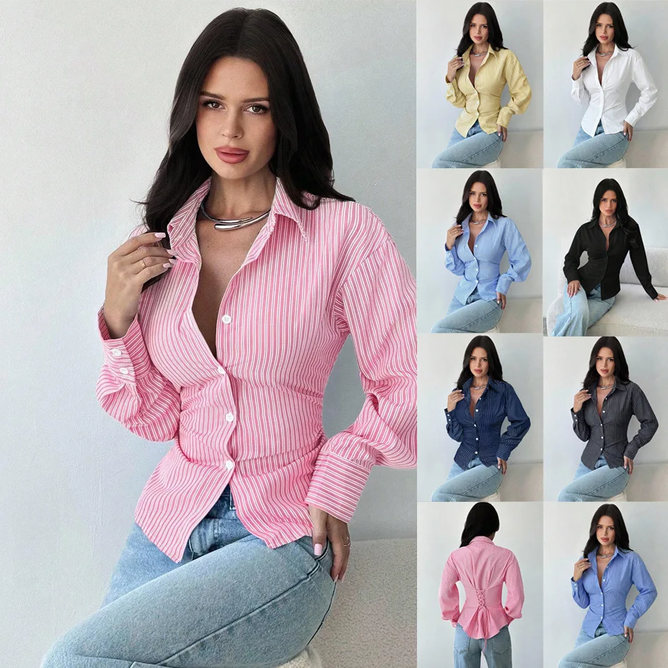 New Women's Lapel Button Down Fitted Waist Long Sleeve Shirt Soft Wrinkle Resistant Versatile Commute Daily Wear Office Blouse