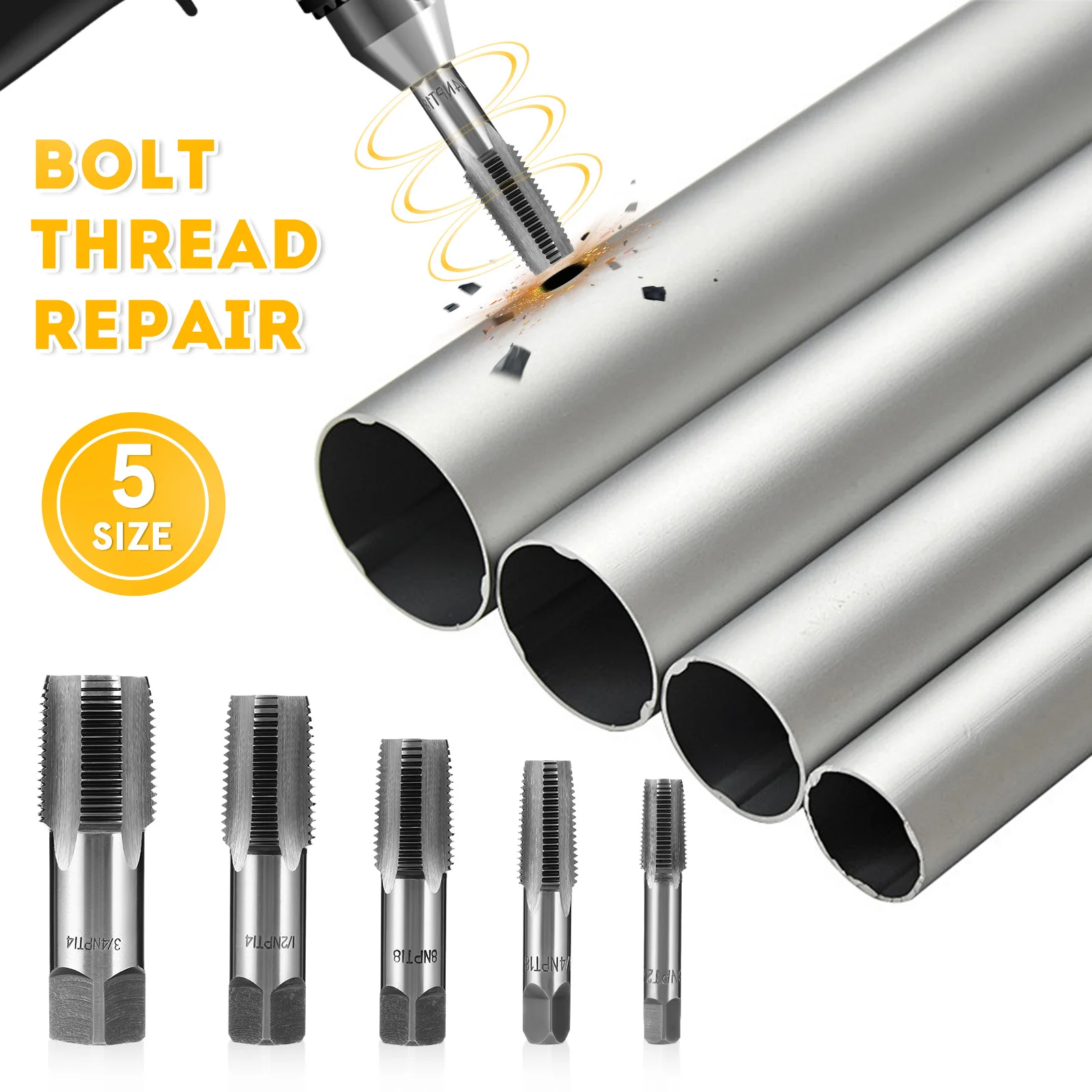 

5Pcs Carbon Steel Npt Tap Kit Multiple Sizes Sturdy Pipe Threading Tools for Plumbing Bolt Thread Repair Npt Tap Set