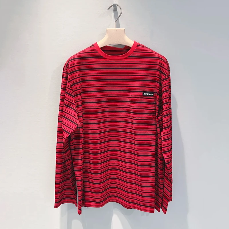

High-End Long-Sve Letter Stripe T-irt Base irt for Young Women Commute Sle Korean Loose Fit Creative Pattern