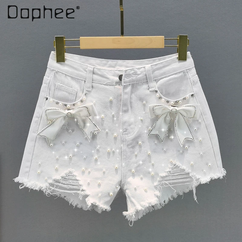 

Ripped Denim Shorts Women White Pearl Bow Decoration High Waist Slim Hot Pants Steetwear 2024 Summer New Fahsion Jeans Shorts