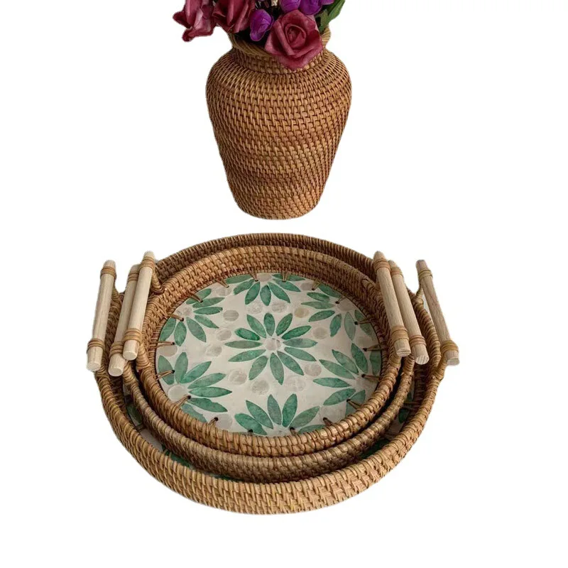 Weaving Rattan Storage Tray Colorful Shellfish Snack Storage Basket Amphora Candy Fruit Dessert Plate Tea Tray Home Decoration