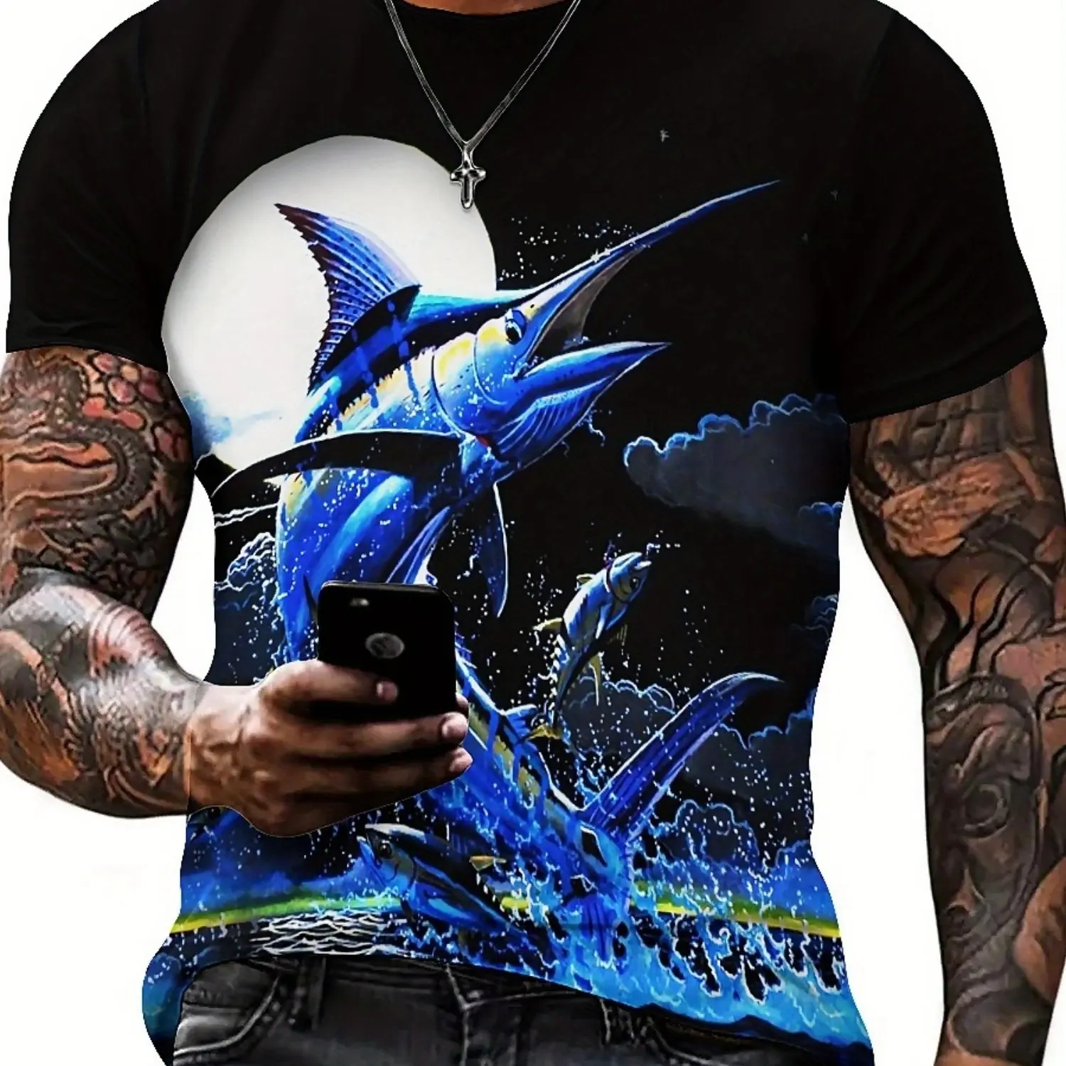 Men'S 3D Print Short Sleeve T-Shirt - Vibrant Blue Marlin Art, Loose Fit, Breathable & Comfortable Fabric