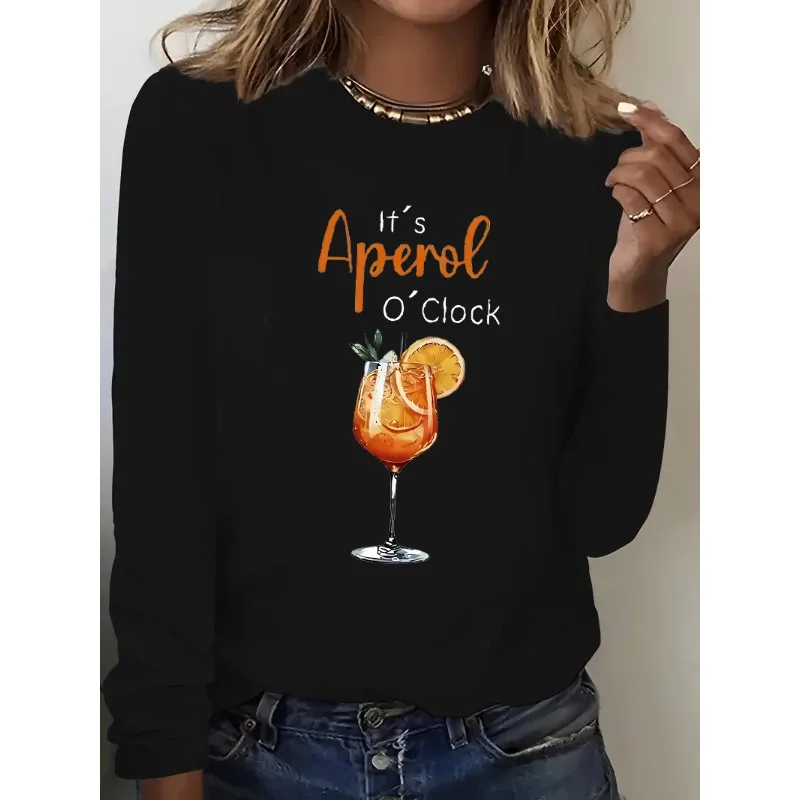 تي شيرت It's Aperol O'Clock بنمط كوكتيل ثلاثي الأبعاد مطبوع وجيد التهوية وسريع الجفاف وفضفاض ومريح برقبة دائرية وأكمام طويلة