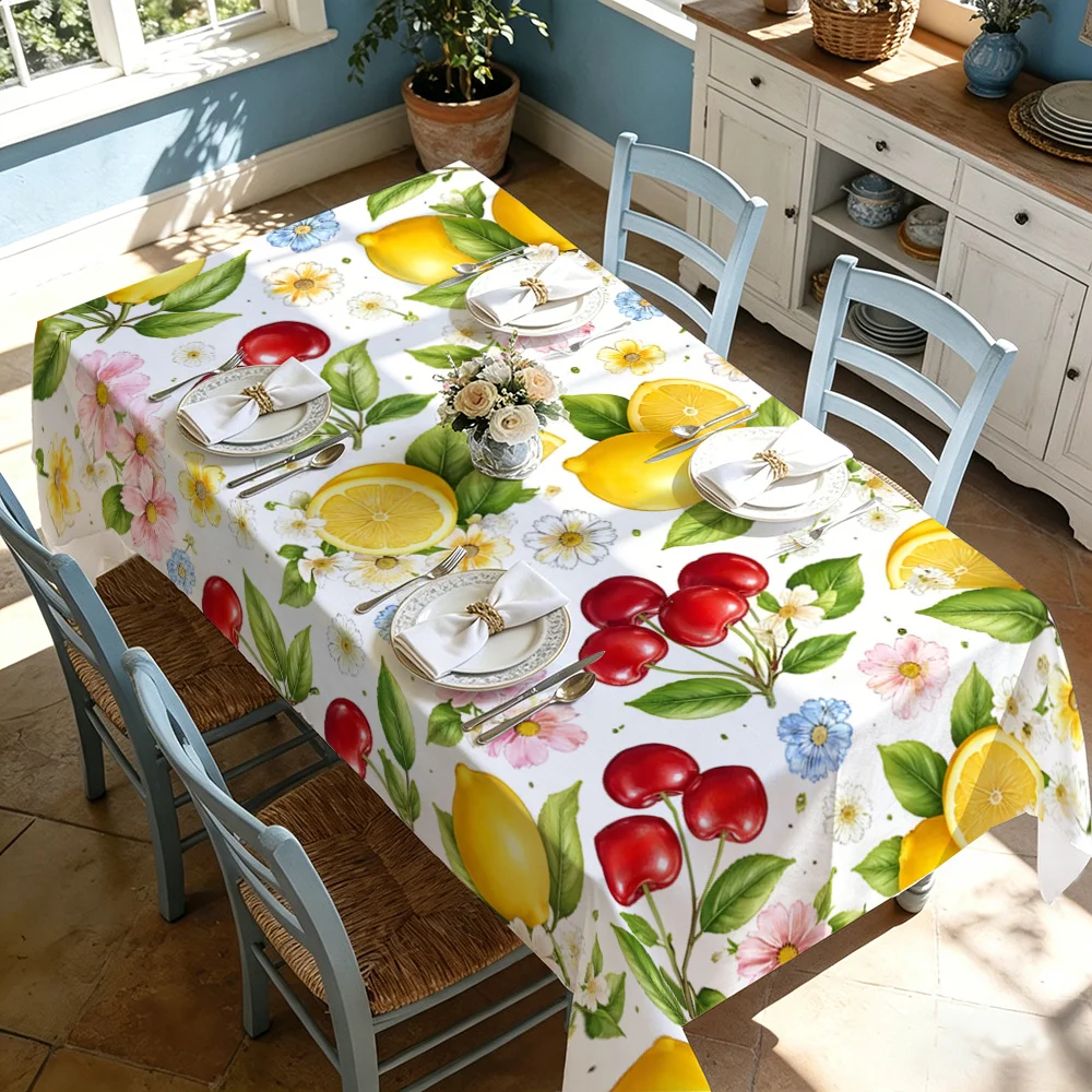 1pc Lemon Cherry Print Tablecloth Suitable For Spring Summer Square & Rectangular Fruit Table Cover With Lemon Cherry Durable Ma