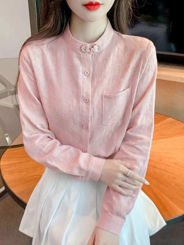 

Женский универсальный хлопковый повседневный топ из хлопка с воротником-стойкой на пуговицах, осень 2023, новый хлопковый повседневный топ