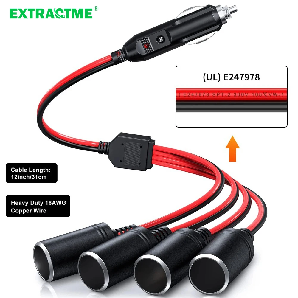 Extractme 16AWG 1 to 4 Car Cigarette Lighter Splitter Adapter Power Charger Port 12V/24V Cigarette Lighter Extension Cord Cable