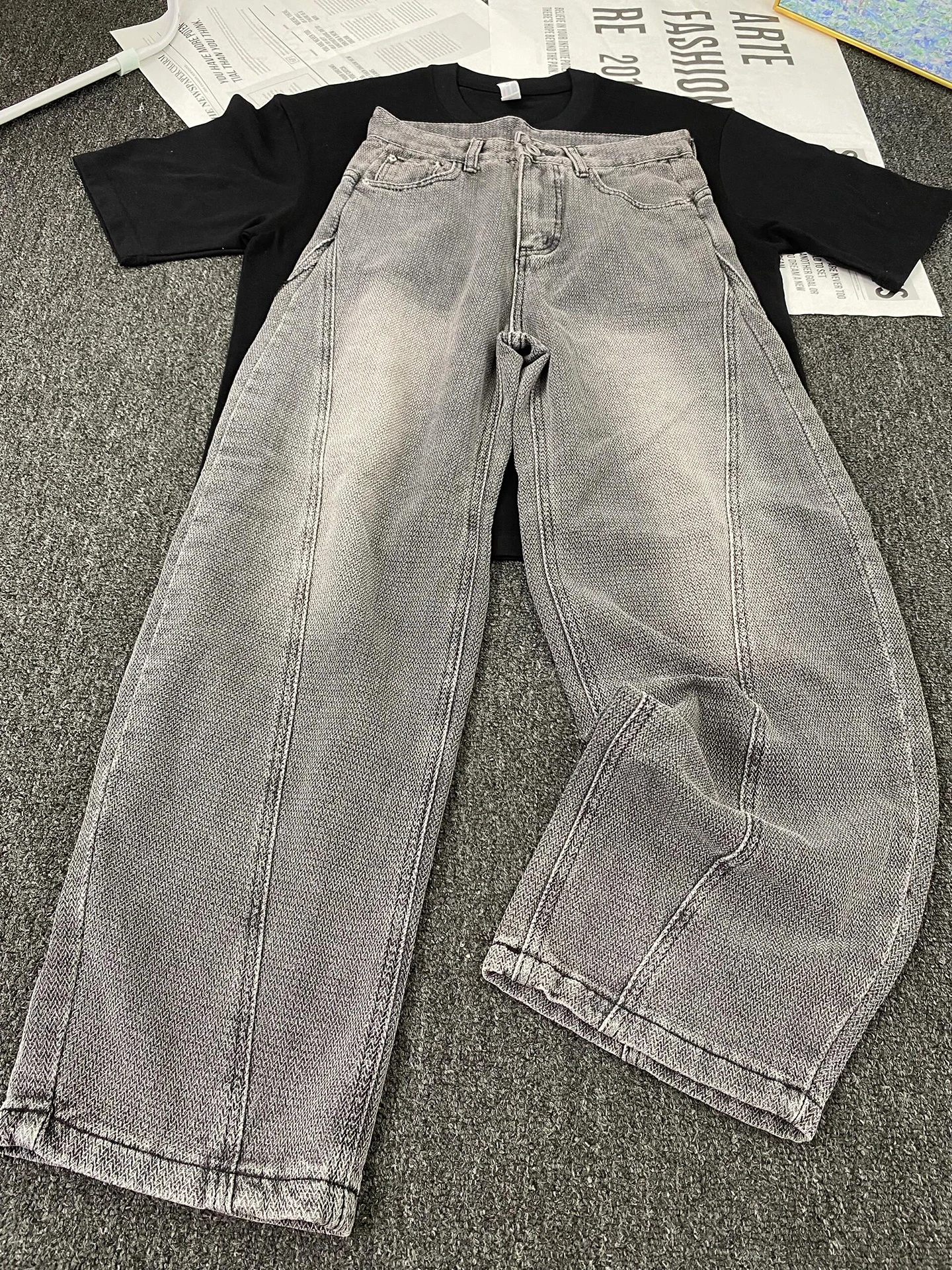 

y ey Star Patterned Wide Leg Jeans Men's American Sle Slanted Cut Waed Denim High Waist Micro Flared Straight Leg J...